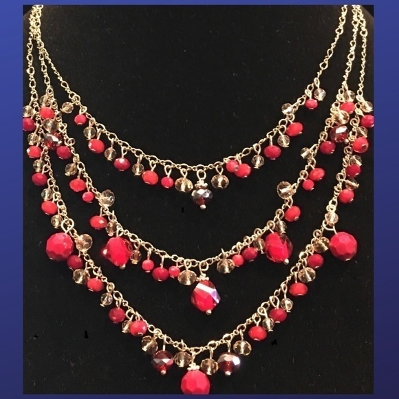 WHITE HOUSE BLACK MARKET Silvertone 3-Strand Red/Clear Crystal Bead NecklaceNWOT - Picture 1 of 5